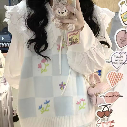 Spring and Autumn Sweet and Fresh Flowers Embroidered Knitted Vest College Style White Blue Checkerboard Sweater Jacket