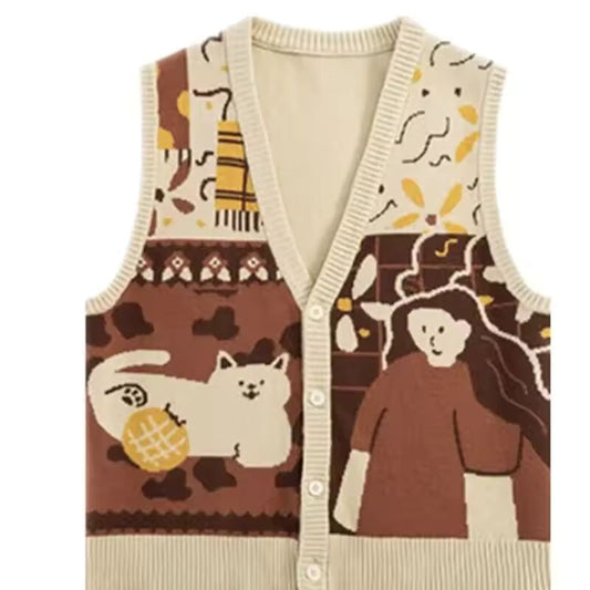 Vintage Cat Print Sweet V-Neck Y2k Sweater Loose Cardigan Sleeveless Korean Sueter Mujer Knitted Vests Women Mori Girl Style