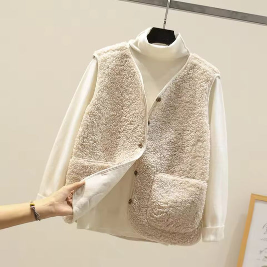 Manmade Lamb Wool Cropped Vests Autumn Korean Women Sleeveless Fleece Button Loose Waistcoats HYFZC-HYY-6087