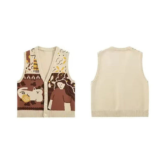 Vintage Cat Print Sweet V-Neck Y2k Sweater Loose Cardigan Sleeveless Korean Sueter Mujer Knitted Vests Women Mori Girl Style